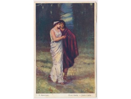 Námětová pohlednice, R. Komínek, První láska - Erste Liebe, cca 1915