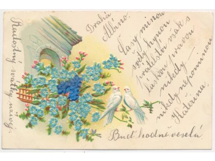 Námětová pohlednice, tlačená koláž s holoubky, cca 1900