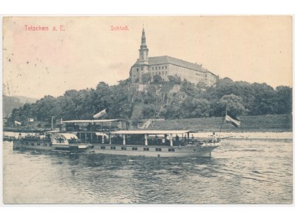 14 - Děčín (Tetschen), pohled na zámek, Parník Karlsbad, cca 1918
