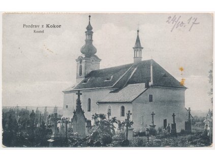 53 - Přerovsko, Kokory, pohled na kostel s hřbitovem, cca 1917