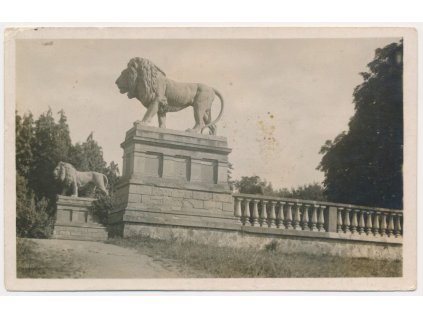 56 - Rokycansko, Zbiroh, sochy lvů před vstupem do zámku, cca 1924