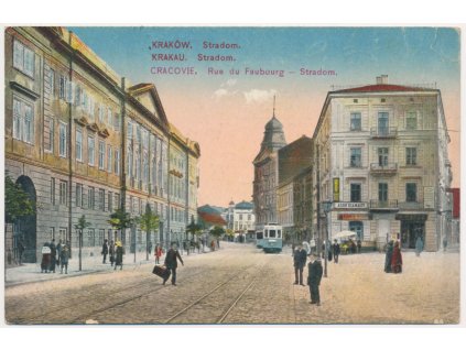 Polsko, Kraków, Stradom, oživená ulice, cca 1921