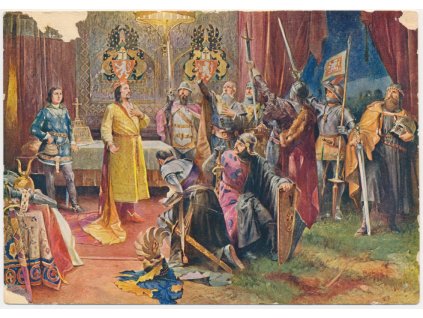 Král Přemysl Otakar II. před bitvou na Moravském poli r. 1278, cca 1946