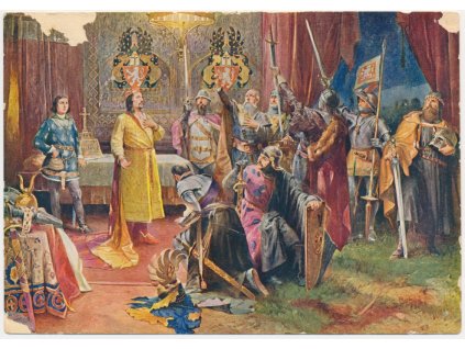 Král Přemysl Otakar II. před bitvou na Moravském poli r. 1278, cca 1946