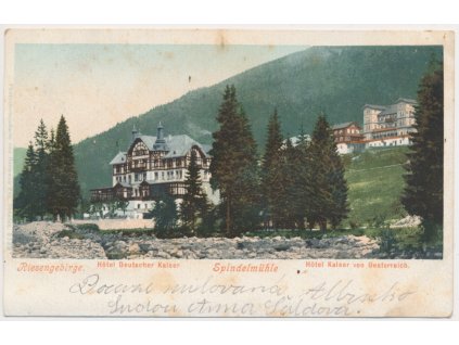 66 - Trutnovsko, Špindlerův Mlýn, pohled na hotely v Krkonoších, cca 1901
