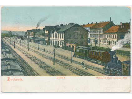 12 - České Budějovice, Bahnhof, Vlakové nádraží, lidé, lokomotiva, vagony..., cca 1906