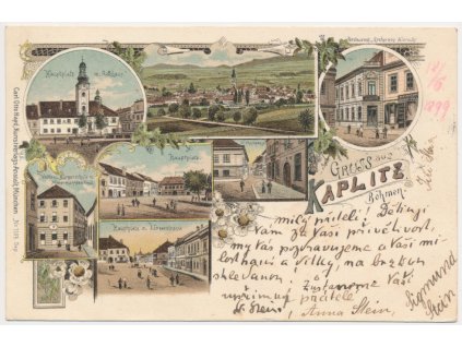 13 - Českokrumlovsko, Kaplice (Kaplitz), 7-mi záběrová secesní litografie, 1899