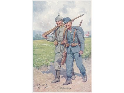 Vojenská, oficiální pohlednice červeného kříže, "Bratři ve zbrani", cca 1916