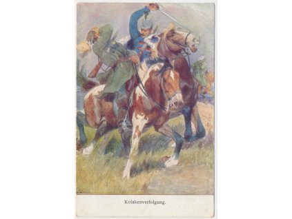 Vojenská, oficiální pohlednice červeného kříže, "Při boji na koních", cca 1915