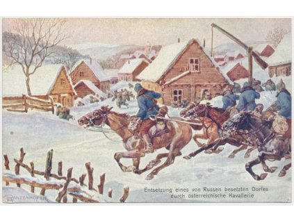 Vojenská, oficiální pohlednice červeného kříže, "Útok na vesnici rakouskou kavalerií", cca 1916