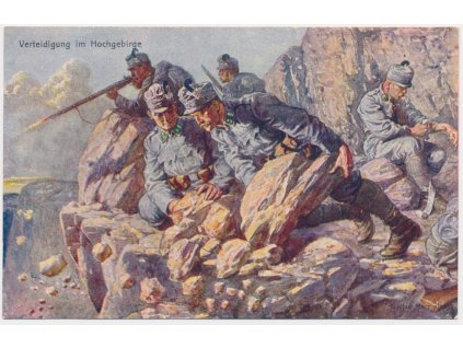 Vojenská, oficiální pohlednice červeného kříže, "Vojáci v horách", cca 1916