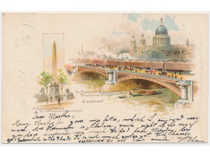 Anglie, Londýn, 2 záběrová koláž, Cleopatra's Needle, St. Paul's from Blackfriare Bridge, cca 1900