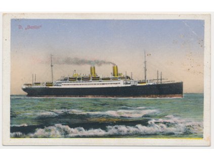 Berlín, celkový pohled na přepravní loď, cca 1912, firemní reklamní pohlednice