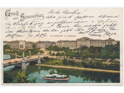 Francie, Gruss aus Strassburg, Universität mit brücke, cca 1897
