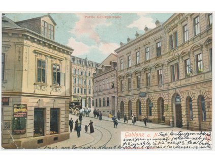20 - Jablonec nad Nisou, oživená ulice, Partie Gebirgsstrasse, cca 1904