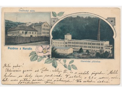 20 - Jablonecko, Heratice - Plavy, 2 záběrová koláž, Heratická přádelna, Umělecký mlýn, cca 1904