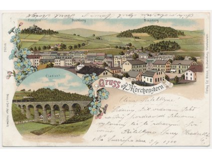 20 - Jablonecko, Smržovka (Morchenstern), 2 záběrová koláž, Viadukt a celkový pohled, cca 1900