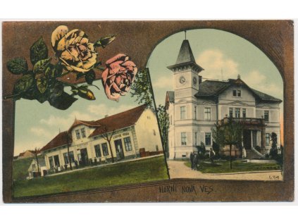22 - Jičínsko, Horní Nová Ves, 2 záběrová koláž, Hostinec J. Ježka, rodinný dům, oživené partie, cca 1915