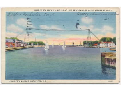 USA, Port of Rochester Building at left and N.Y. Naval Militia at right, 1936