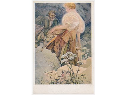 Mucha Alfons (1860-1939), Blahoslavení milosrdní, secesní pohlednice, cca 1918