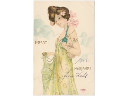 Novoroční, Secesní umělecká pohlednice "Prosit Neujahr", sign. Raphael Kirchner, Paris, cca 1903