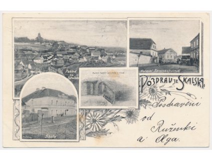 36 - Mladoboleslavsko, Skalsko, 4 záběrová koláž, škola, celkový pohled..., cca 1901
