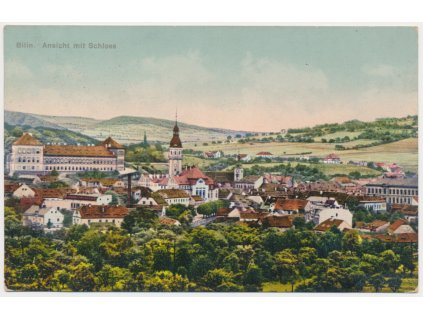 65 - Teplicko, Bílina, celkový pohled na město s kostelem, cca 1919