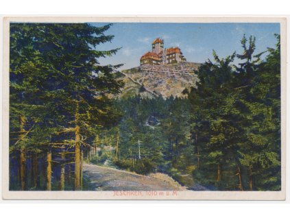 32 - Liberecko, Ještěd (Jeschken), pohled na rozhlednu s hotelem, cca 1922