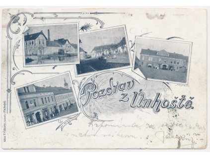 27- Kladensko, Unhošť, 4 záběrová koláž s dominantami města, cca 1899