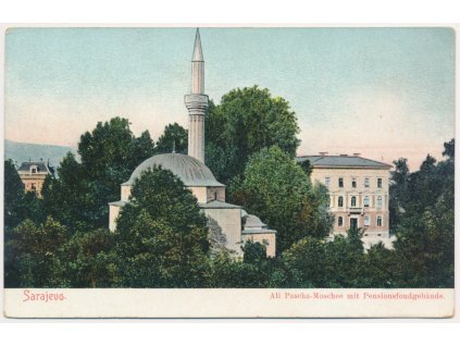 Bosna a Herzegovina, Sarajevo, Ali Pascha - Moschee mit Pensionsfondgebäude, cca 1909