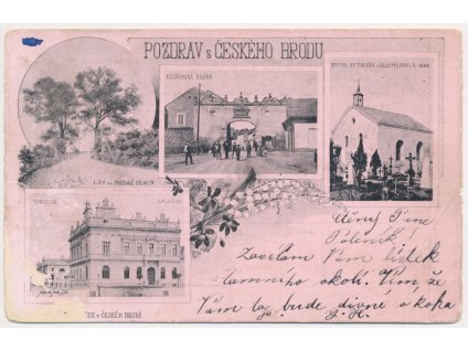 29 - Kolínsko, Český Brod, 4 záběrová koláž, sokolovna, kostel..., cca 1899