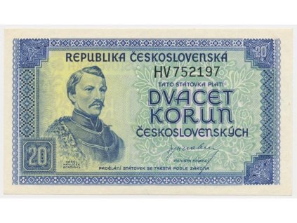 ČSR, 20 Kčs, 1945 (bez data), série Hv, perforováno, stav UNC