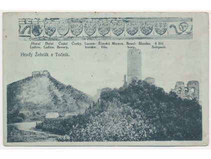 02 - Berounsko, hrady Žebrák a Točník, koláž s erby, cca 1920