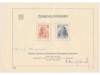 ČSSR, 10.výročí SPN, 1954, pamětní list s orig. známkou, podpisy autorů známek
