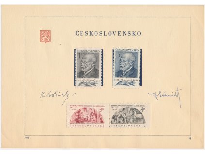 ČSSR, 1952, pamětní list s orig. známkou, podpisy autorů známek, Svolinský, Schmidt