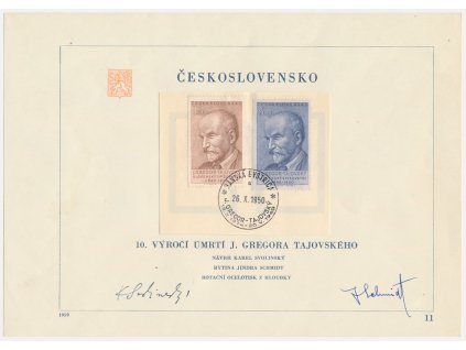 ČSSR, J. G. Tajovský, 1950, pamětní list s orig. známkou, podpisy autorů známek