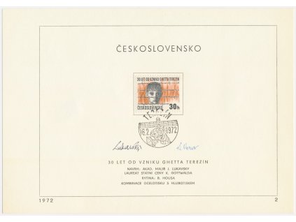 ČSSR, Ghetto Terezín, 1971, pamětní list s orig. známkou, podpisy autorů známky
