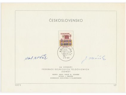 ČSSR, Tělocvičné jednoty, 1971, pamětní list s orig. známkou, podpisy autorů známky