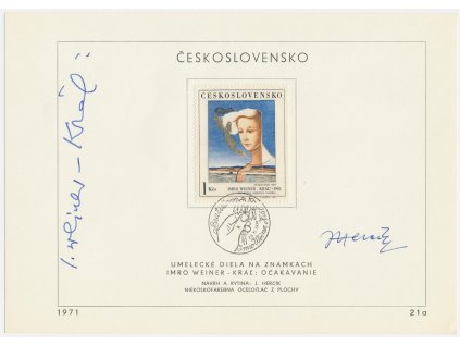ČSSR, Očakávanie, 1971, pamětní list s orig. známkou, podpisy autorů známky