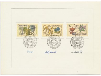 ČSSR, Kongres o dějinách farmacie, 1971, pamětní list s orig. známkou, podpisy autorů známek