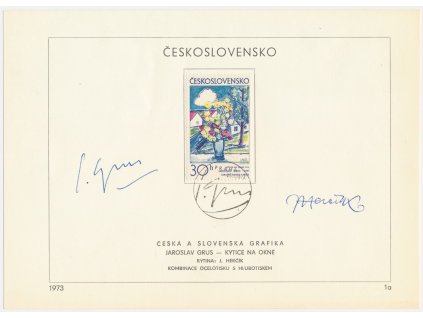 ČSSR, Kytice na okně, 1973, pamětní list s orig. známkou, podpisy autorů známky