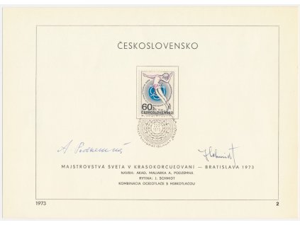 ČSSR, MS v krasobruslení, 1973, pamětní list s orig. známkou, podpisy autorů známky