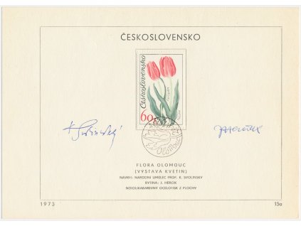 ČSSR, Flora Olomouc, 1973, pamětní list s orig. známkou, podpisy autorů známky