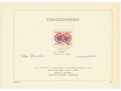 ČSSR, Odborový kongres, 1973, pamětní list s orig. známkou, podpisy autorů známky