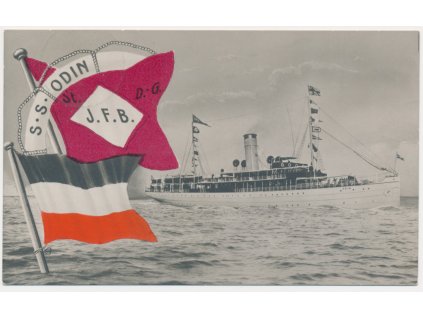 S. S. Odin, J. F. B. oživený záběr lodě, na levé straně výsostné znaky, 1910