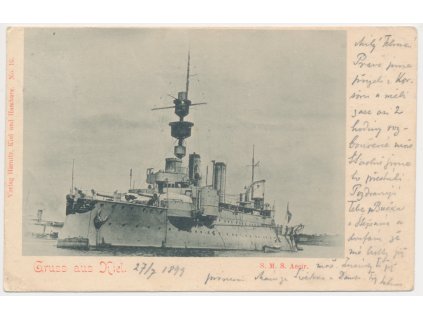 S. M. S. Aegir, celkový pohled na válečnou loď v Kielu, prošlá poštou 1899