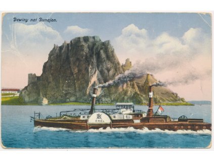 Slovensko, Hrad Devín, parník Orel na Dunaji, cca 1926