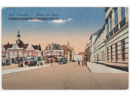 43 - Ostrava, Moravská Ostrava, oživená Třída 28.října s tramvajemi, cca 1916