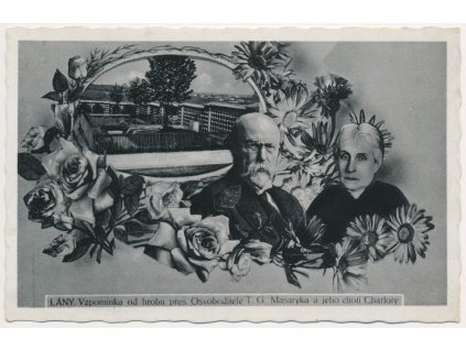 Koláž, T.G. Masaryk s manželkou, hrob v Lánech, Nakl. A. Loskotová