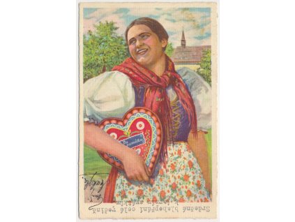 Námětová pohlednice, Dívka v lidovém kroji, dle ak. malíře J. Strnada, 1933